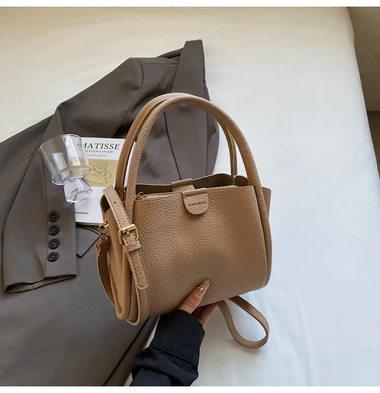 Beige Square Handbag with Gold Plated Handles — feature 19