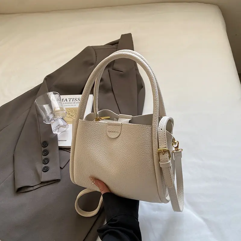 Beige Square Handbag with Gold Plated Handles - Image 2