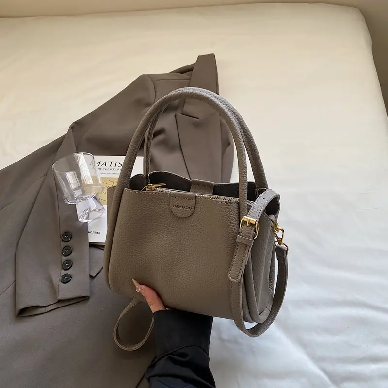 Beige Square Handbag with Gold Plated Handles - Image 3