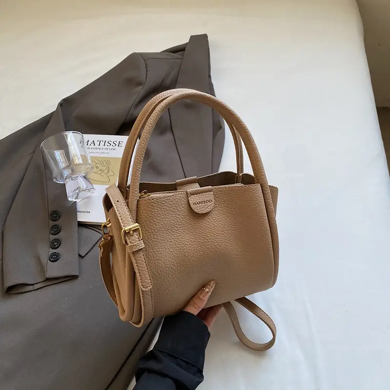 Beige Square Handbag with Gold Plated Handles - Image 5