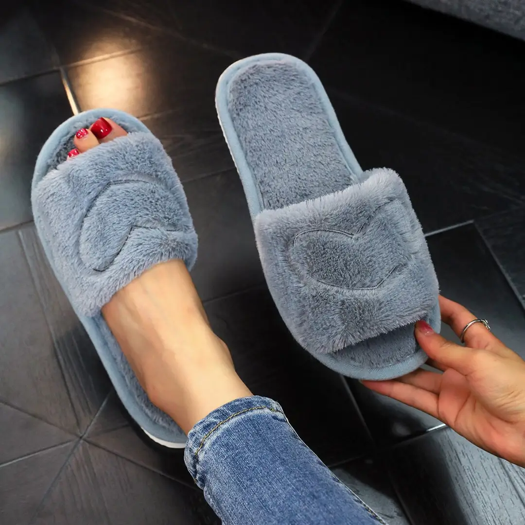 Cross-Border Furry Open-Toe Women's Indoor and Outdoor Home Cotton Slippers Four-Season Furry Slippers
