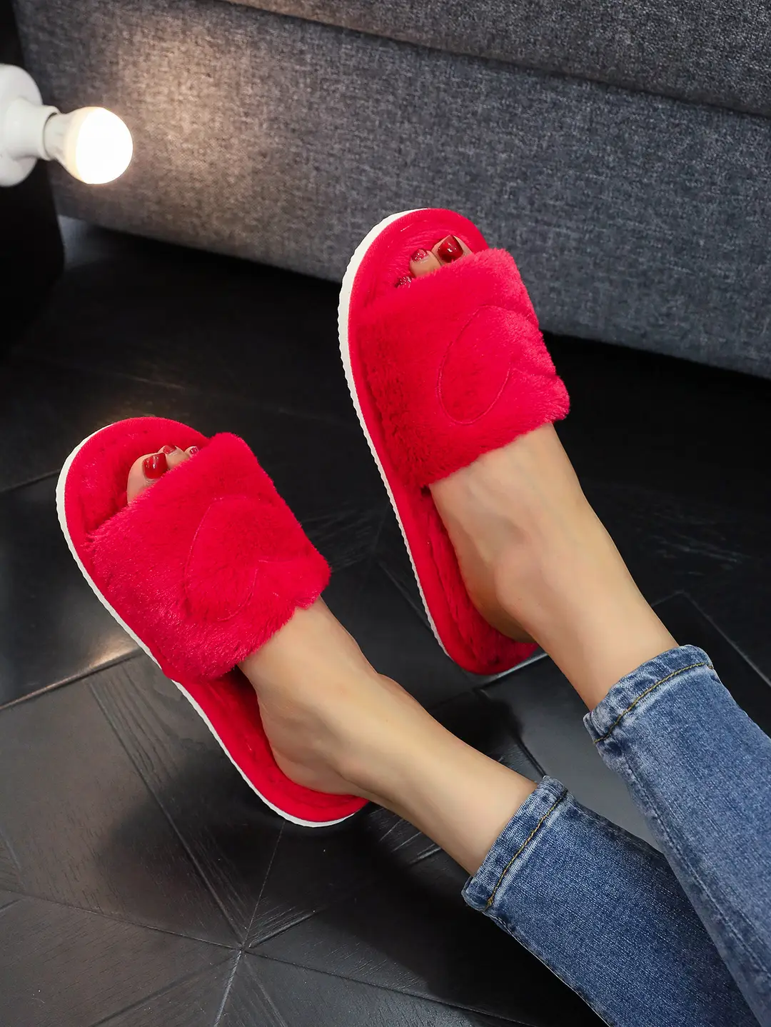 Cross-Border Furry Open-Toe Women's Indoor and Outdoor Home Cotton Slippers Four-Season Furry Slippers — feature 11