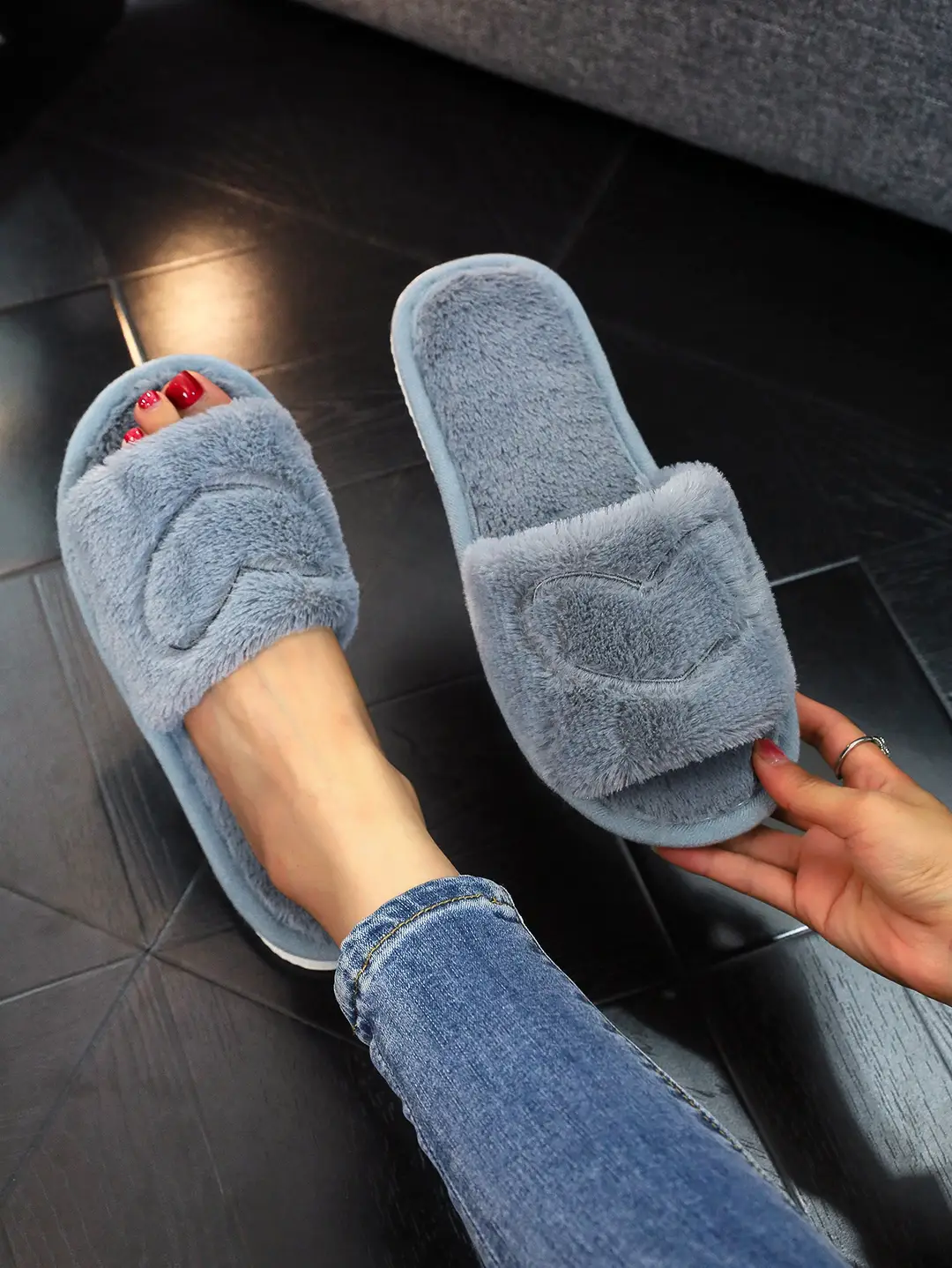 Cross-Border Furry Open-Toe Women's Indoor and Outdoor Home Cotton Slippers Four-Season Furry Slippers