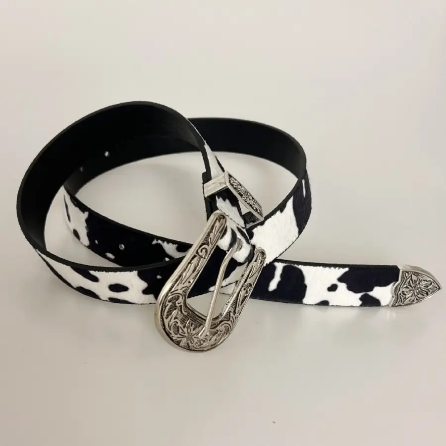 Western Cowhide Belt with Silver Buckle - Image 3