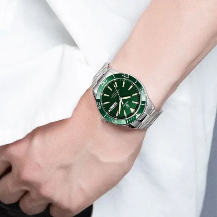 Guberson Green Submariner Men's Watch with Transparent Back