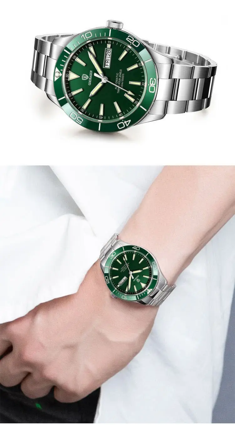 Guberson Green Submariner Men's Watch with Transparent Back — feature 11