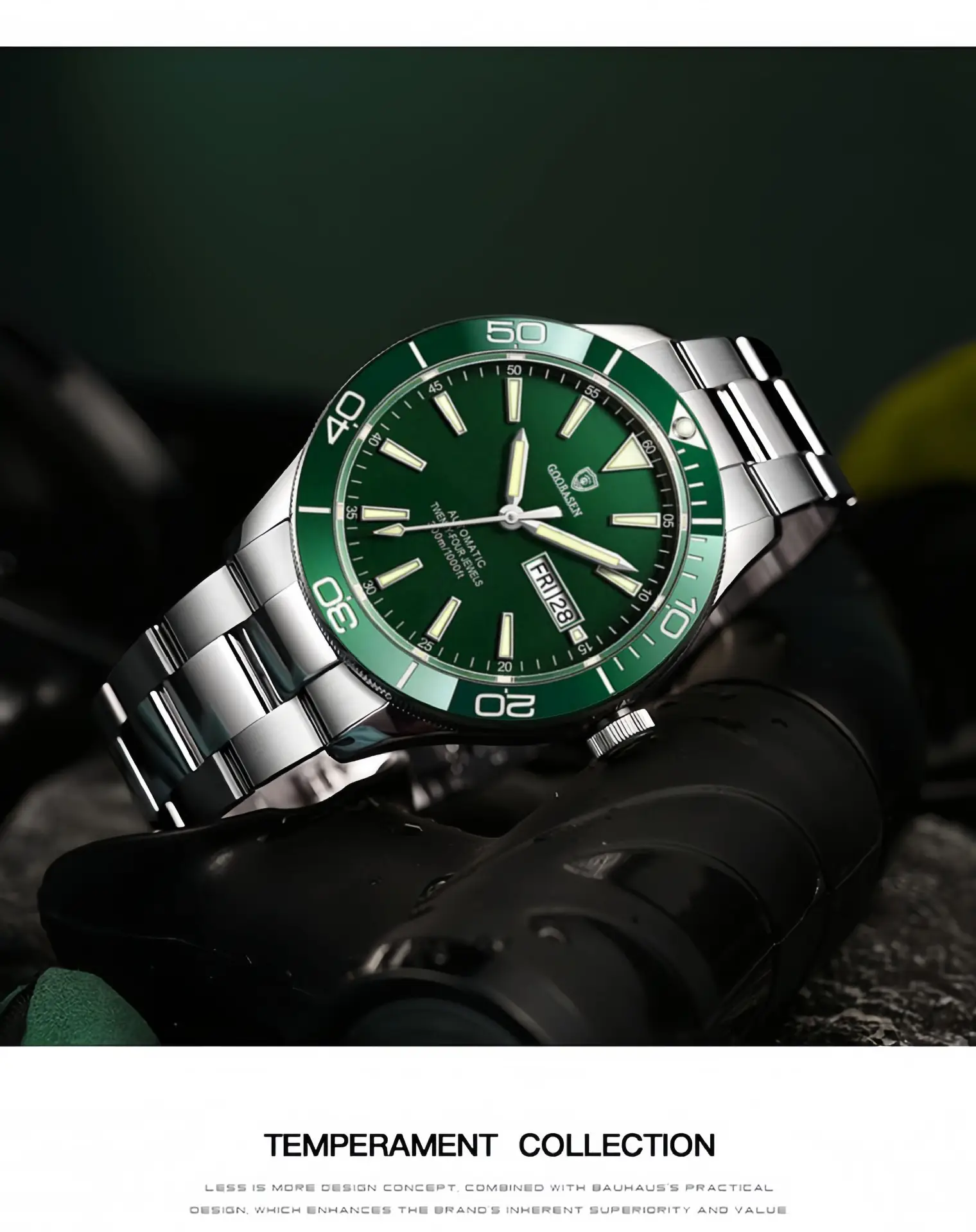 Guberson Green Submariner Men's Watch with Transparent Back — feature 13