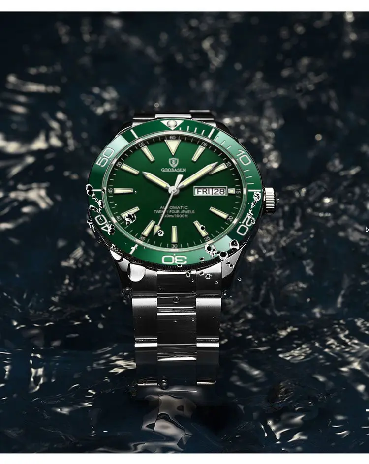 Guberson Green Submariner Men's Watch with Transparent Back — feature 14