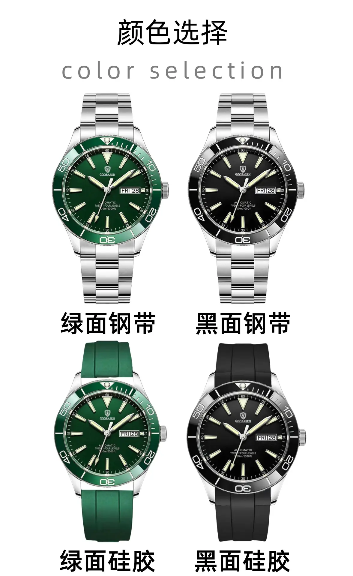 Guberson Green Submariner Men's Watch with Transparent Back — feature 17