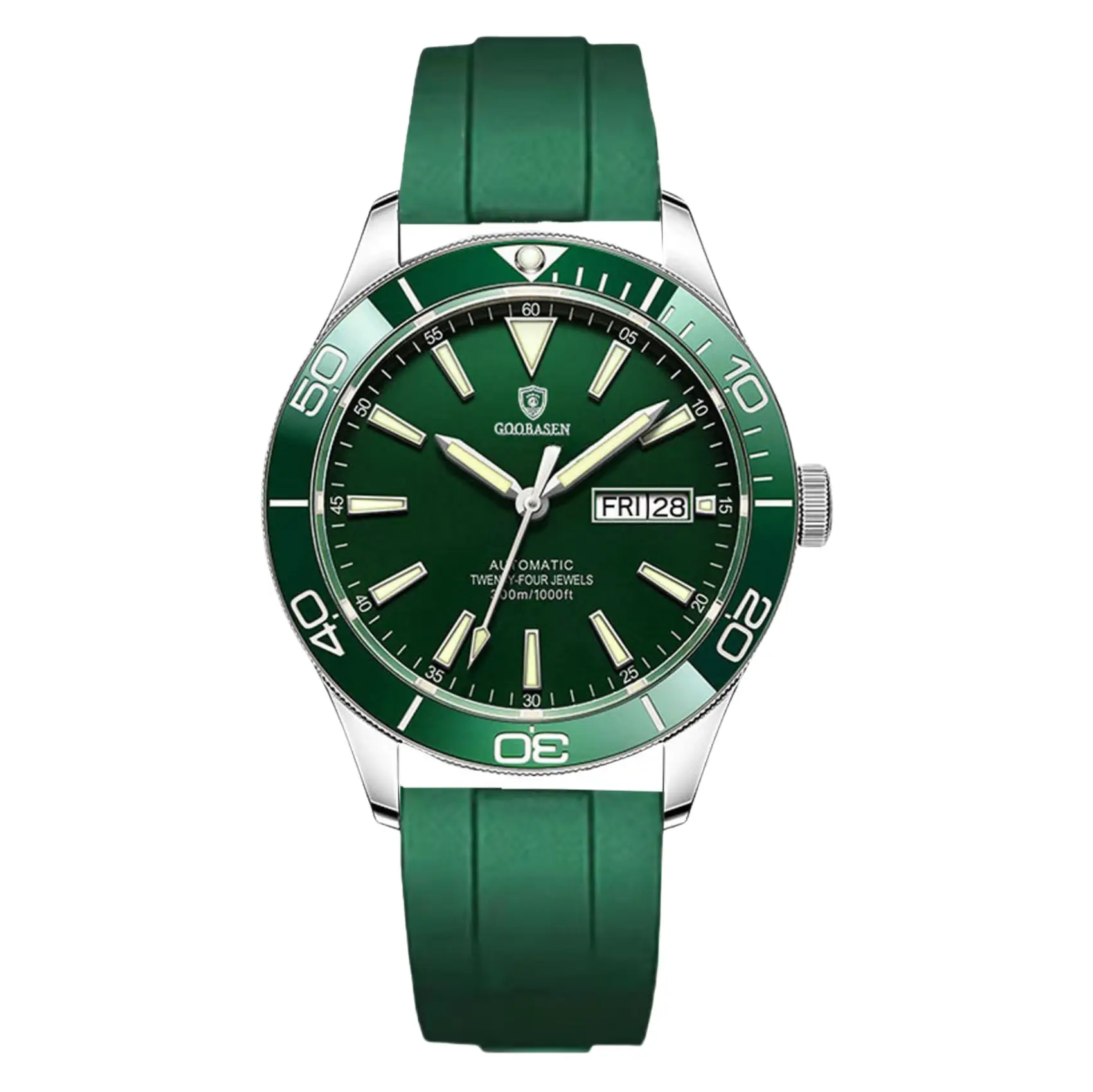 Guberson Green Submariner Men's Watch with Transparent Back