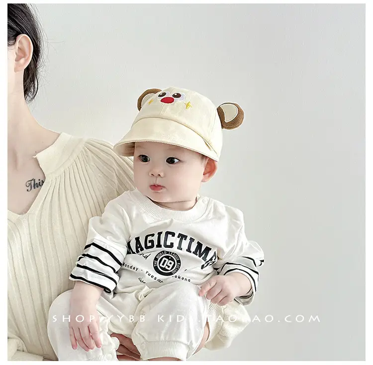 Baby's Beanie Hat with Pom Pom Feet Brown Cream β feature 3