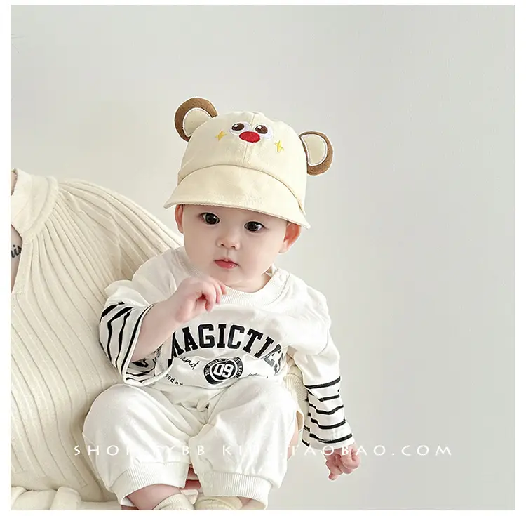 Baby's Beanie Hat with Pom Pom Feet Brown Cream β feature 5