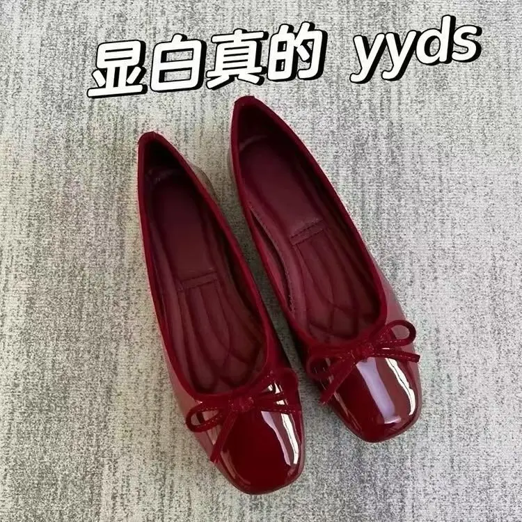 2025 Spring New Soft Leather Shallow Mouth Single Shoes French Square Toe Bow Milk Shoes Late Night Breeze Red Flat Bottom - Image 6