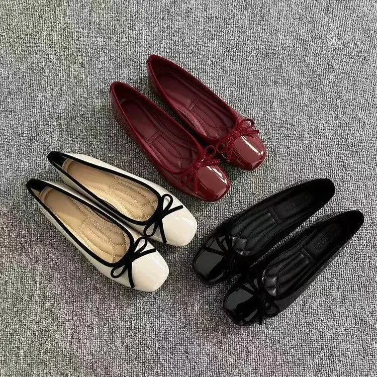 2025 Spring New Soft Leather Shallow Mouth Single Shoes French Square Toe Bow Milk Shoes Late Night Breeze Red Flat Bottom - Image 7