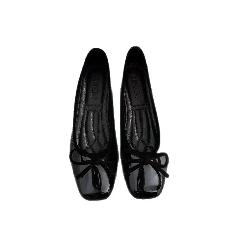 2025 Spring New Soft Leather Shallow Mouth Single Shoes French Square Toe Bow Milk Shoes Late Night Breeze Red Flat Bottom - Image 8
