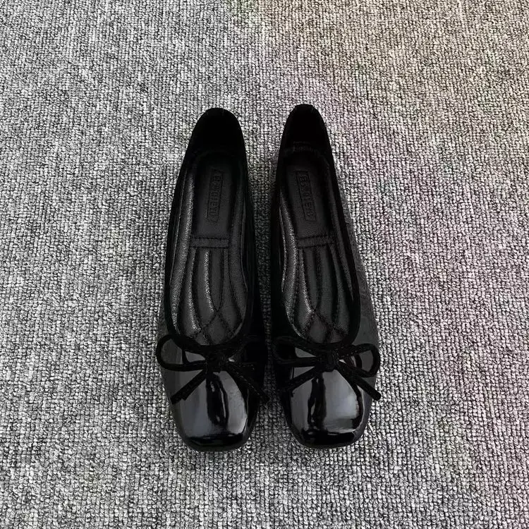 2025 Spring New Soft Leather Shallow Mouth Single Shoes French Square Toe Bow Milk Shoes Late Night Breeze Red Flat Bottom — feature 1