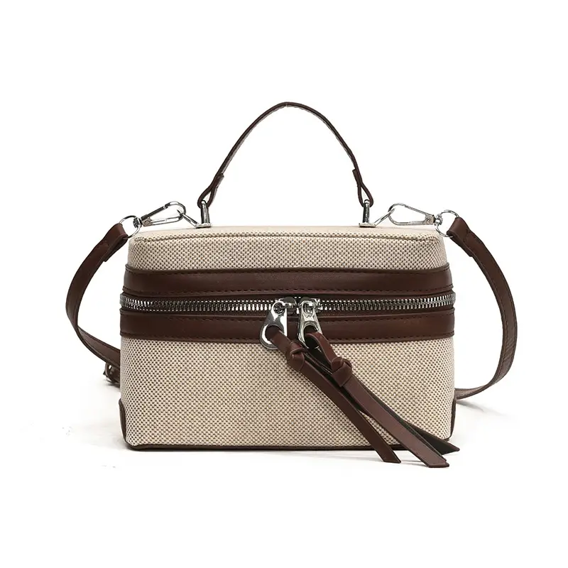 Women's Double Zipper Shoulder Bag Brown Beige Crossbody
