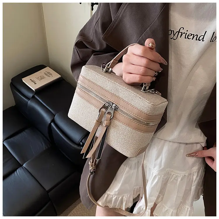 Women's Double Zipper Shoulder Bag Brown Beige Crossbody — feature 11