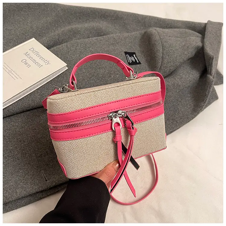 Women's Double Zipper Shoulder Bag Brown Beige Crossbody