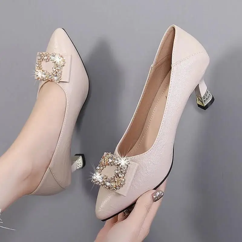 Square Buckle Shallow Mouth Single Shoes for Women 2026 Spring and Autumn New Style Medium Heel Chunky Heel Work Shoes Rhinestone Fashion Professional High Heels for Women - Image 4