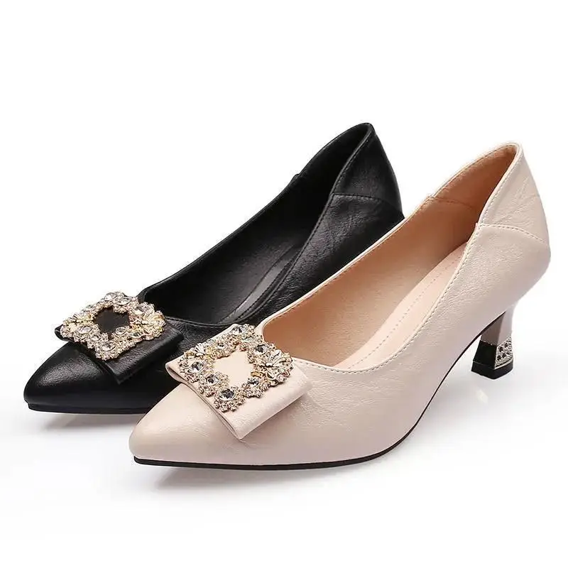 Square Buckle Shallow Mouth Single Shoes for Women 2026 Spring and Autumn New Style Medium Heel Chunky Heel Work Shoes Rhinestone Fashion Professional High Heels for Women - Image 7