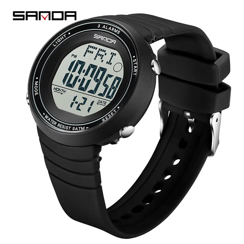 Sanda Digital Alarm Watch Black Large Dial Waterproof Sports Wear