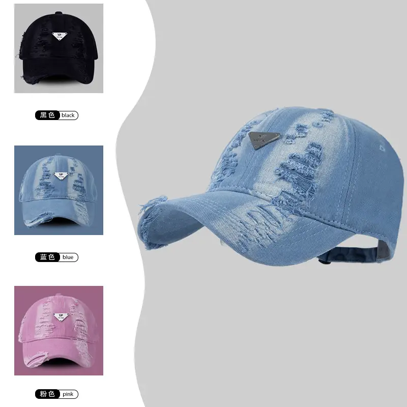 Women Blue Hole-Damaged Sun Hat with Triangle Logo - Image 5