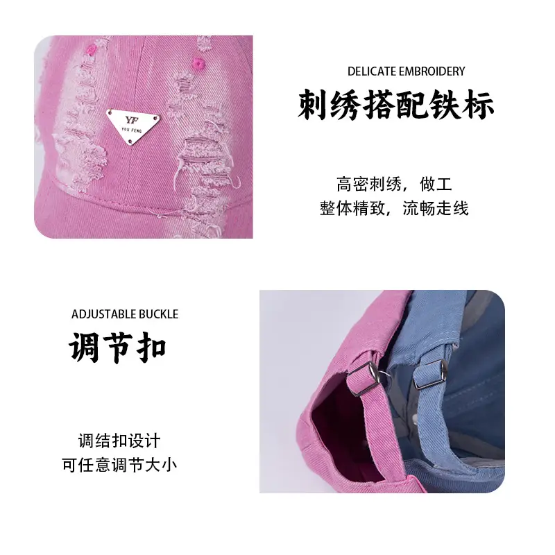 Women Blue Hole-Damaged Sun Hat with Triangle Logo - Image 6