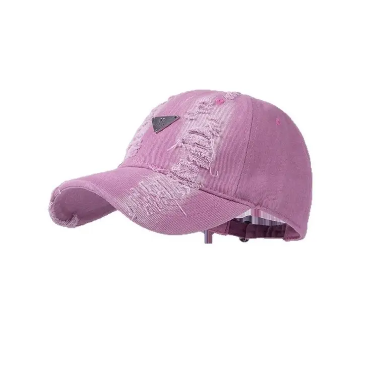 Women Blue Hole-Damaged Sun Hat with Triangle Logo - Image 9