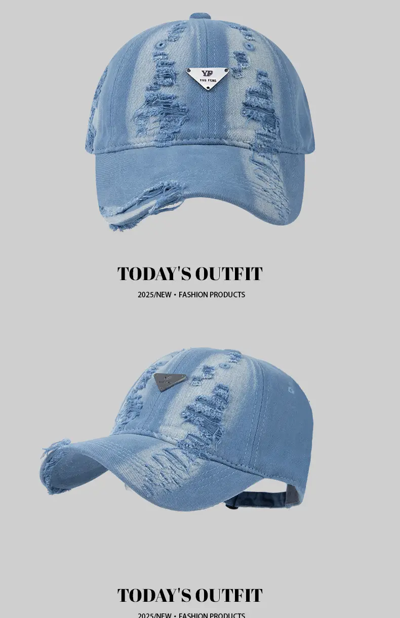 Women Blue Hole-Damaged Sun Hat with Triangle Logo — feature 14