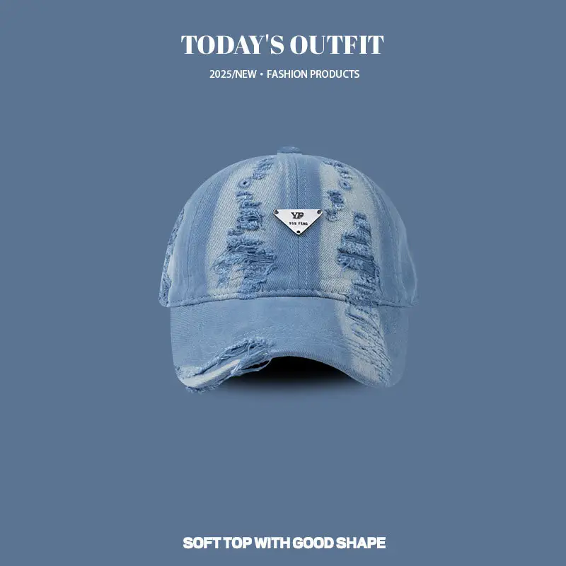 Women Blue Hole-Damaged Sun Hat with Triangle Logo - Image 2