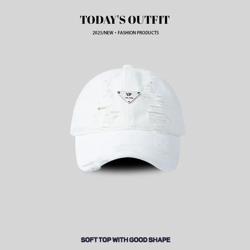 Women Blue Hole-Damaged Sun Hat with Triangle Logo - Image 3
