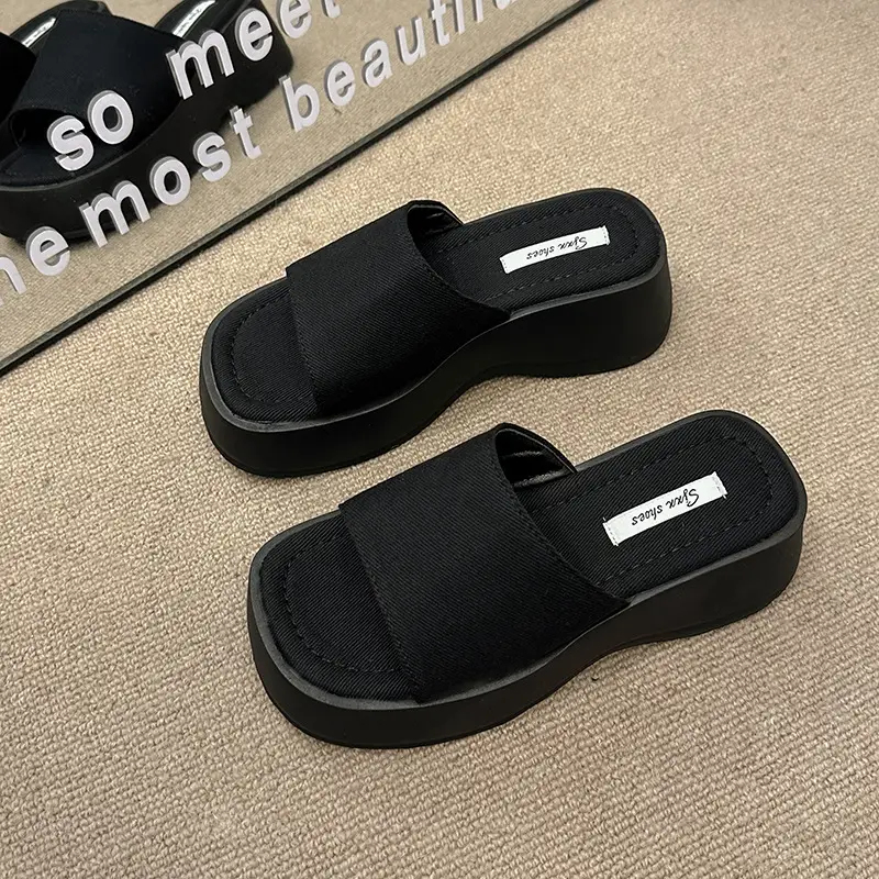 Women's Black Thick Slide Slippers Summer