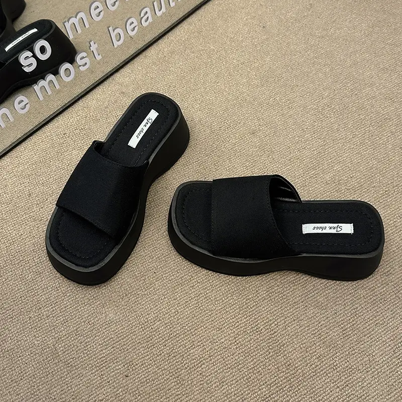 Women's Black Thick Slide Slippers Summer