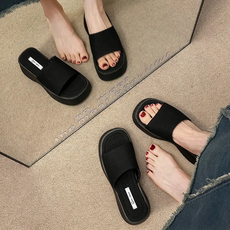 Women's Black Thick Slide Slippers Summer