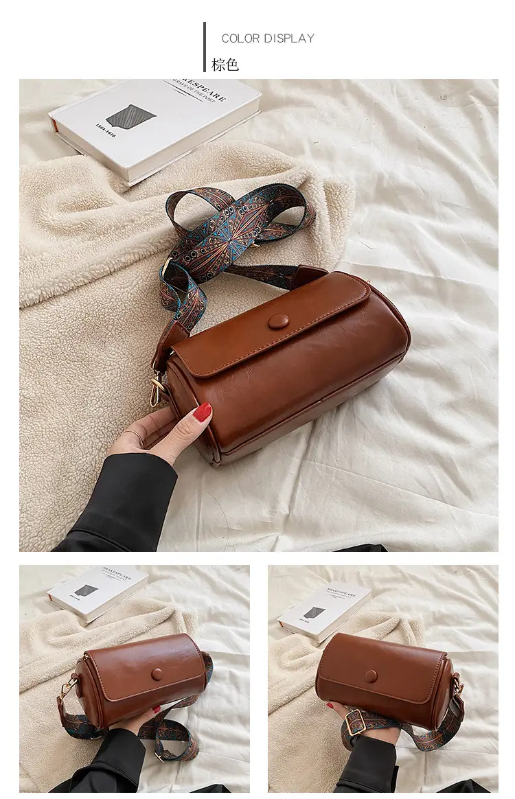 Women's Brown Crossbody Bag with Retro Bandage Strap — feature 14