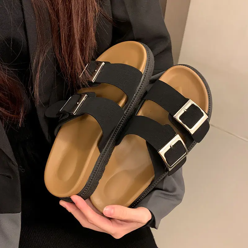 2025 Women's Square Buckle Slippers Black Pink Brown - Image 6
