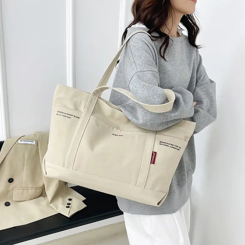Black Canvas Shoulder Tote Bag Large Capacity Women - Image 6