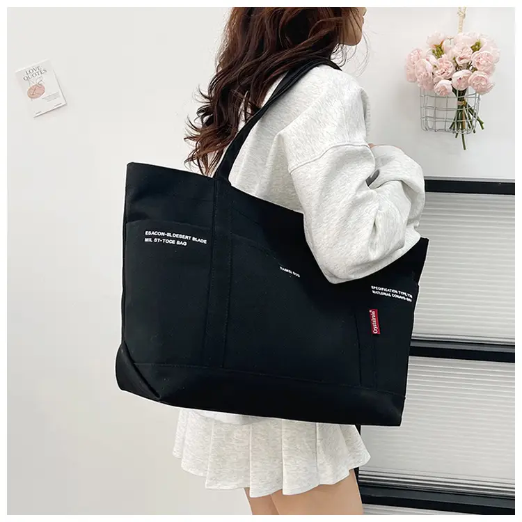 Black Canvas Shoulder Tote Bag Large Capacity Women — feature 14