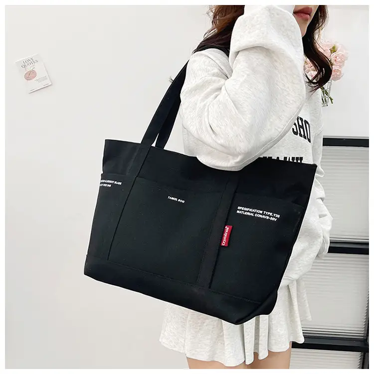 Black Canvas Shoulder Tote Bag Large Capacity Women — feature 15