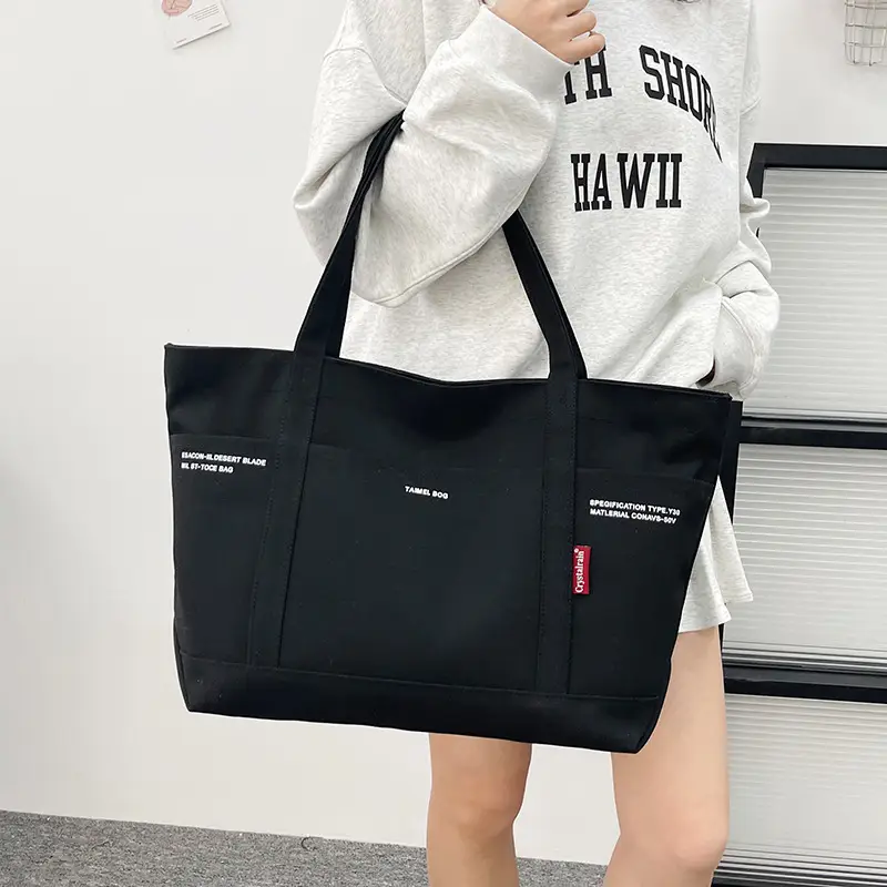 Black Canvas Shoulder Tote Bag Large Capacity Women - Image 3