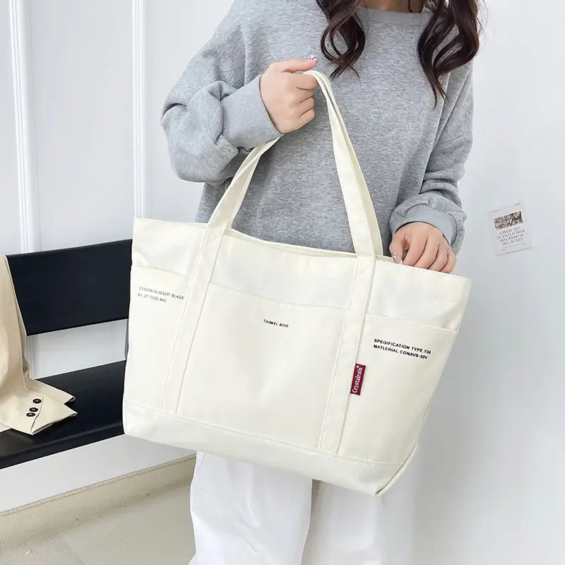 Black Canvas Shoulder Tote Bag Large Capacity Women - Image 4