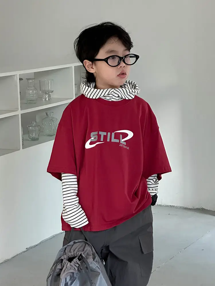 Boys Korean Short Sleeve T-Shirt Set Red Medium
