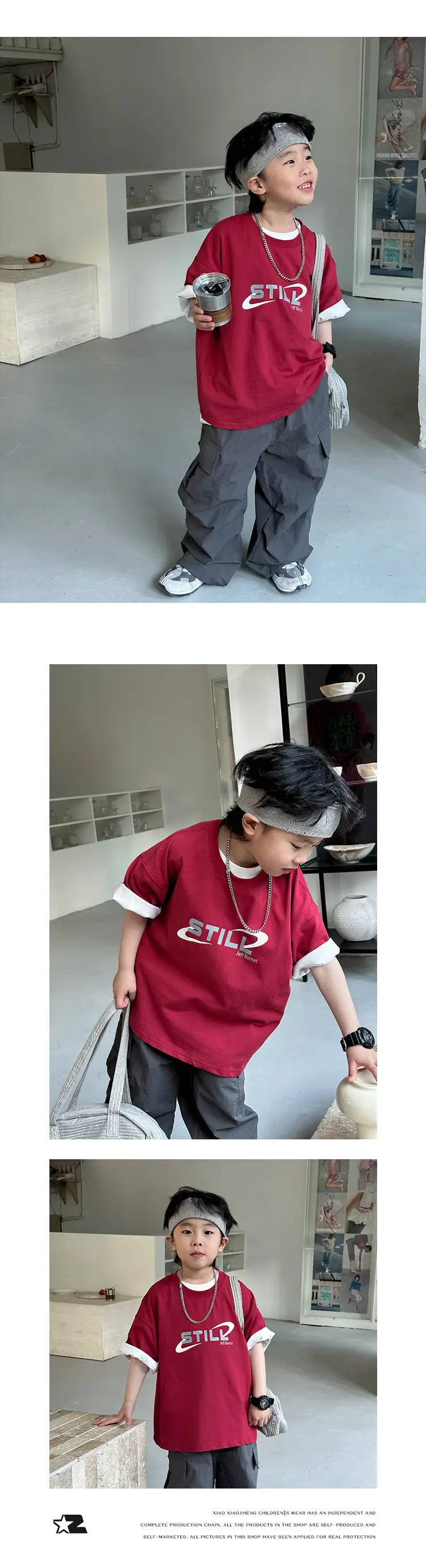 Boys Korean Short Sleeve T-Shirt Set Red Medium — feature 14