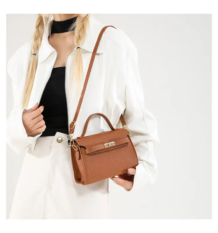 Women's Brown Square Shoulder Bag with Metal Clasp — feature 13