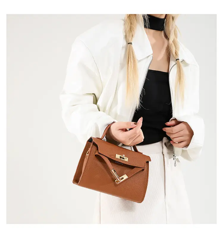 Women's Brown Square Shoulder Bag with Metal Clasp — feature 14