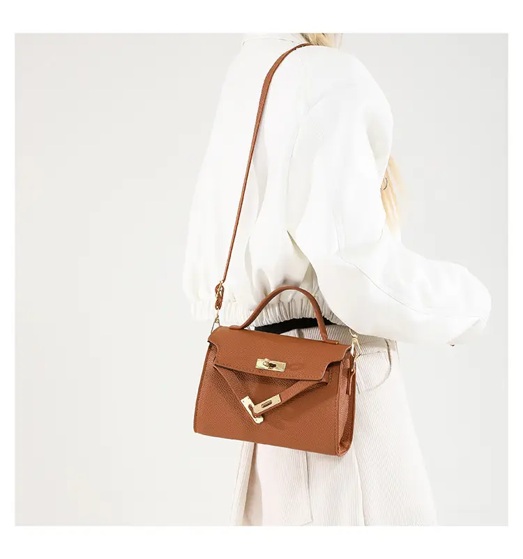 Women's Brown Square Shoulder Bag with Metal Clasp — feature 15