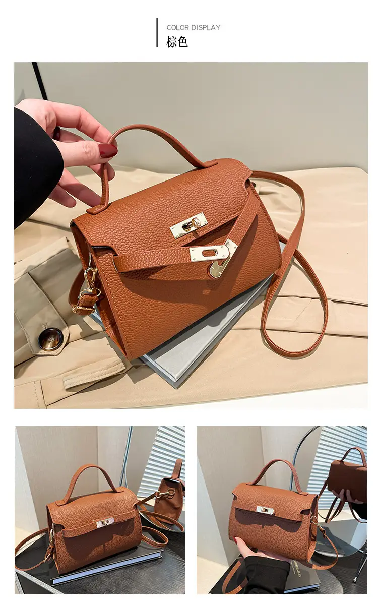 Women's Brown Square Shoulder Bag with Metal Clasp — feature 25