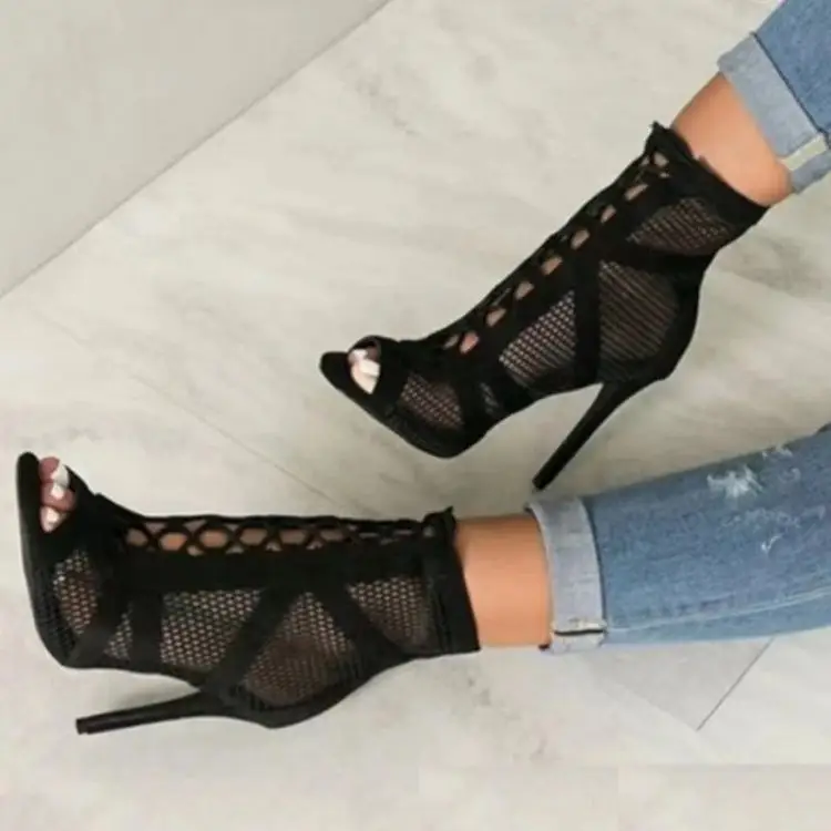 Europe and the United States cross-border mesh sandals new fashion cross strap high heel sandals women's plus size fish mouth sandals wholesale