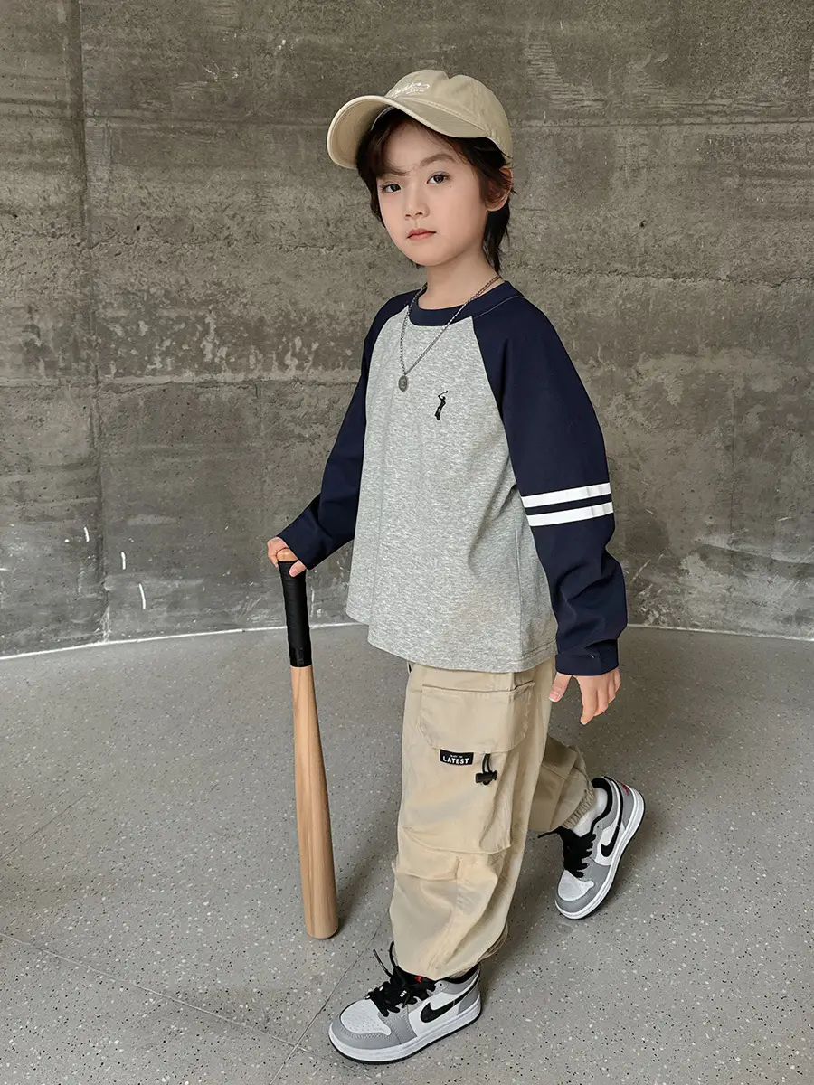 Kids Raglan Sleeve T-Shirt Set Cotton Beige Blue